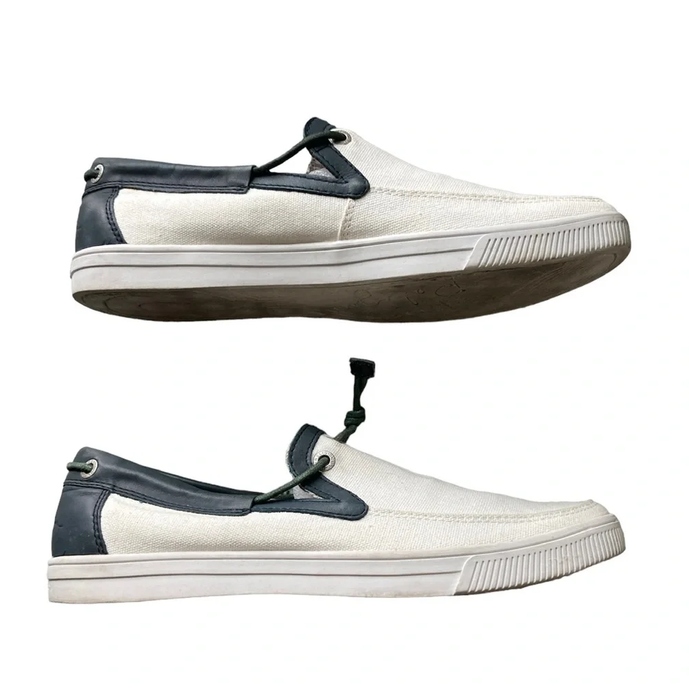 True Religion Canvas Slip-On Boat Shoes Deck Dock Sport White Blue Trim Sz 8